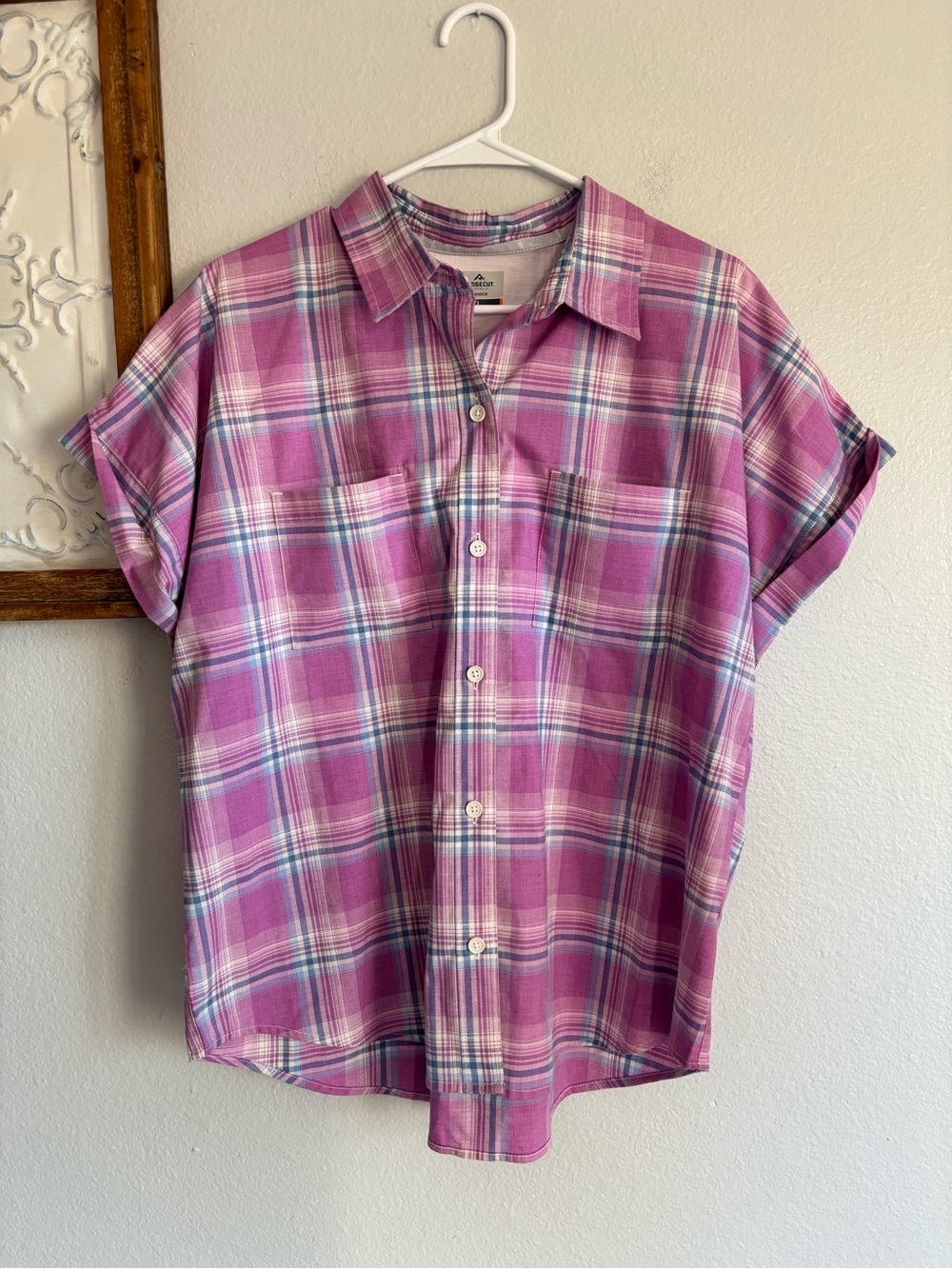 Ridgecut Toughwear women button down top sz large plaid blue purple short sleeve